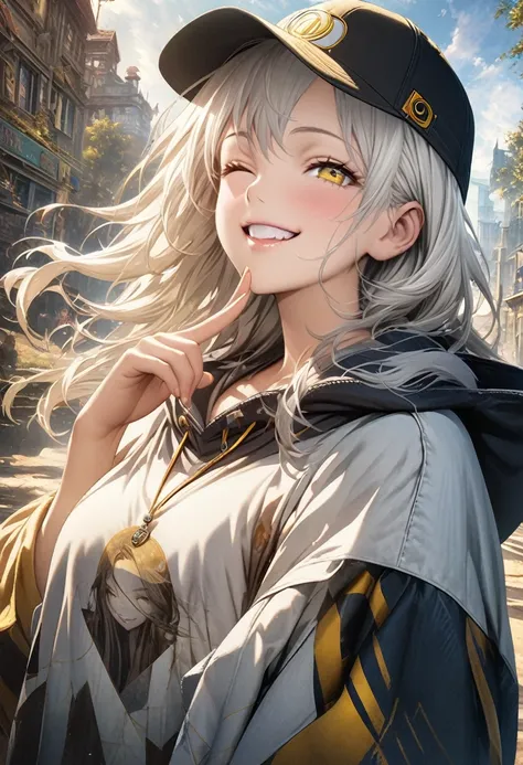 masterpiece, Highest quality, Highly detailed CG Unity 8K wallpapers, High School Girl Anime Illustration. Wear oversized clothing、she has her eyes closed and mouth open, smile. Realistic Backgrounds, 3Dart, white hair color, Yellow Eyes, Anatomical Finger...