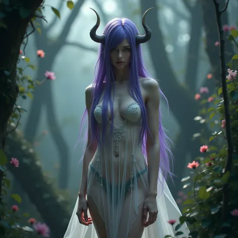 staddling the mechanical elves overlords (([purple|black] hair)), long hair, white undersized see-through dress, drenched wet fabric, hard nipples bump, see-through coton fabric, sexy, seductive pose,  melancholic gaze at viewer,  (soothing tones:1.0), (hd...