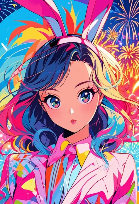 {worst quality, low-quality}, Anime artwork depicting a girls face within a vivid and abstract collage of colors and patterns. ((Playboy Bunny)), The composition includes a variety of shapes, lines, and textures, all in bright and contrasting colors, creat...