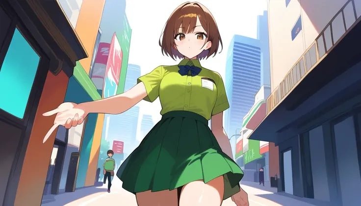 1 woman reporter, (android:0.2), short brown hair, brown eyes, green polo skirt, confident pose, front view, look at viewer, standing, city park