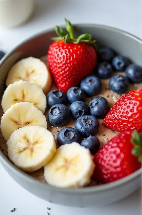 	Fruit bowl with almond cream and seeds:
	• Ingredients: Banana slices, strawberries, blueberries, a spoonful of almond cream, and a sprinkling of chia or flax seeds.