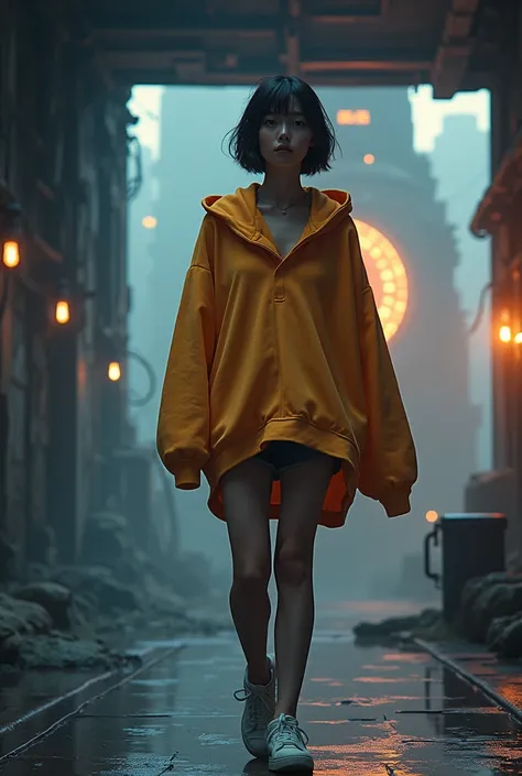 Masterpiece, 4K wallpaper, Masterpiece sci-fi ancient city, fantasy sci-fi, neon glow lights city, ( Subject ( 1girl, A cute korean women with beautiful hair, wearing an youth stylist oversized hoodie fashion, yellow and black stylist fashion, jumper hoodi...