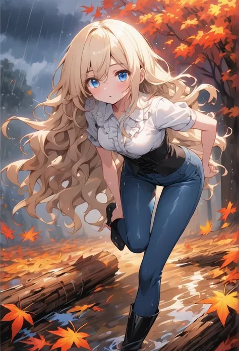 Modern anime-style digital painting of a 2 female teacher in a frontal view and action pose during an autumn day, soaked by rain with dramatic lightning in the background. She is 165 cm tall, with measurements of 91-61-81 cm, and has waist-length, wavy blo...