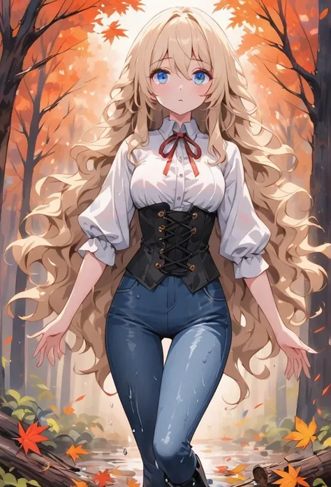 Modern anime-style digital painting of a 2 female teacher in a frontal view and action pose during an autumn day, soaked by rain with dramatic lightning in the background. She is 165 cm tall, with measurements of 91-61-81 cm, and has waist-length, wavy blo...