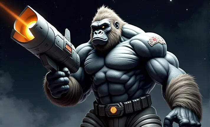 Muscular gorilla space ranger holding a missile launcher 