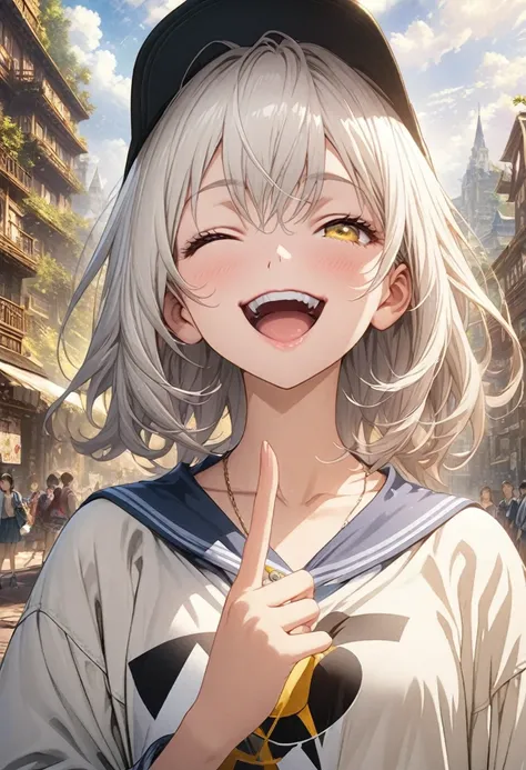 masterpiece, Highest quality, Highly detailed CG Unity 8K wallpapers, High School Girl Anime Illustration. Wear oversized clothing、she has her eyes closed and mouth open, smile. Realistic Backgrounds, 3Dart, white hair color, Yellow Eyes, Anatomical Finger...