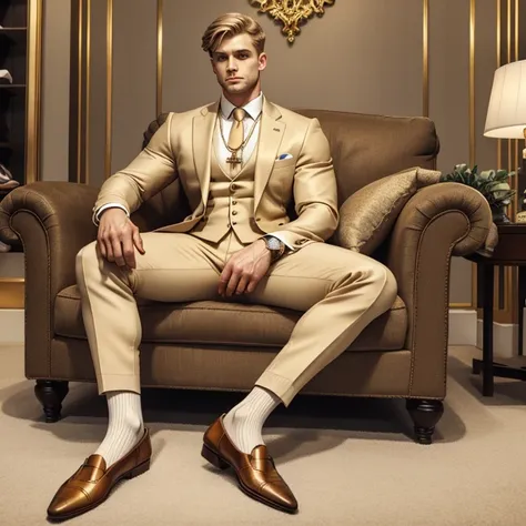 full view, blond preppy guy in beige sheer socks, beige dapper suit, no shoes on, many golden rings, necklaces, golden chains, d...