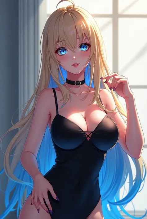 anime style, ((best quality)), ((masterpiece)), (detailed), 1girl, blonde hair, long hair, straight hair, blue hair tips, two-toned blue eyeshadow, smile, slightly leaning, black skin-tight dress with cleavage 