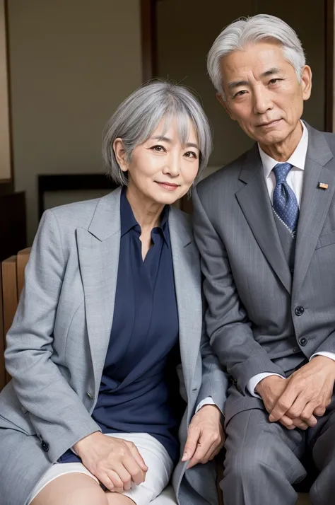 60 year old Japanese mature woman naked、Gray hair、A young man in a suit next to me、Commemorative photo