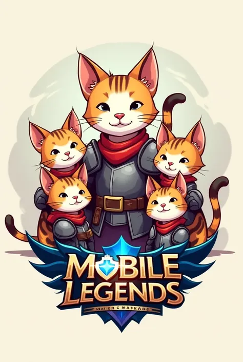 Logo of 4 cats and 1 additional one in the middle, with medieval armor, and cartoon style and the name of the person appears below "Michi Squadron" And below "mobile legends"
