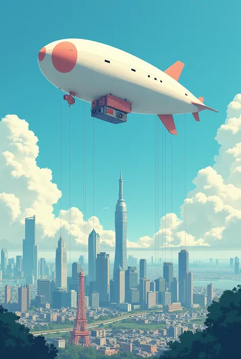 An anime image of a basic airship without many details with large speakers underneath it playing music for the entire modern city drawn in a more basic way and seen from afar 