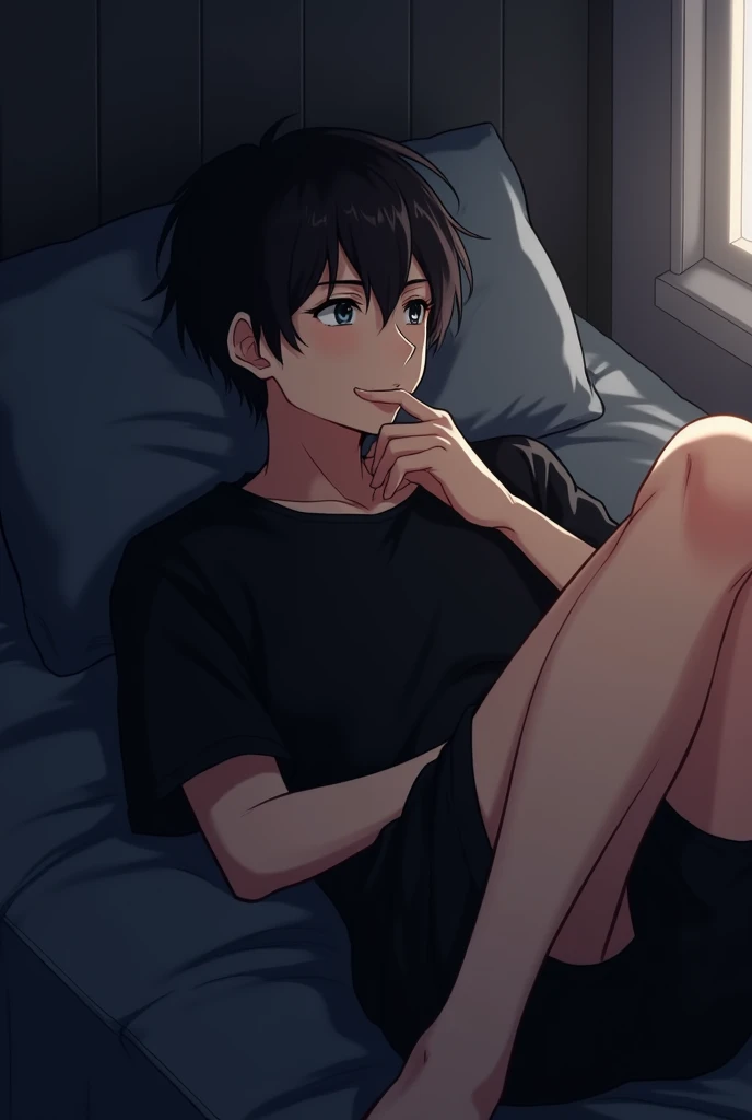 The image shows a male anime character with fair skin and short black hair, lying down in a relaxed pose. He is wearing a simple outfit consisting of a black top and short shorts of the same color. The lighting is soft, highlighting the natural glow of his...