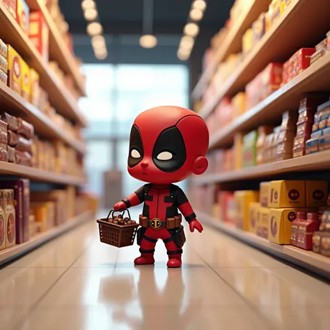 "A cute, chibi-style baby version of Deadpool dressed in a tiny red and black superhero suit, shopping for chocolate in a brightly lit, modern supermarket. The scene is highly detailed with ultra-realistic textures, vibrant colors, and an accurate portraya...