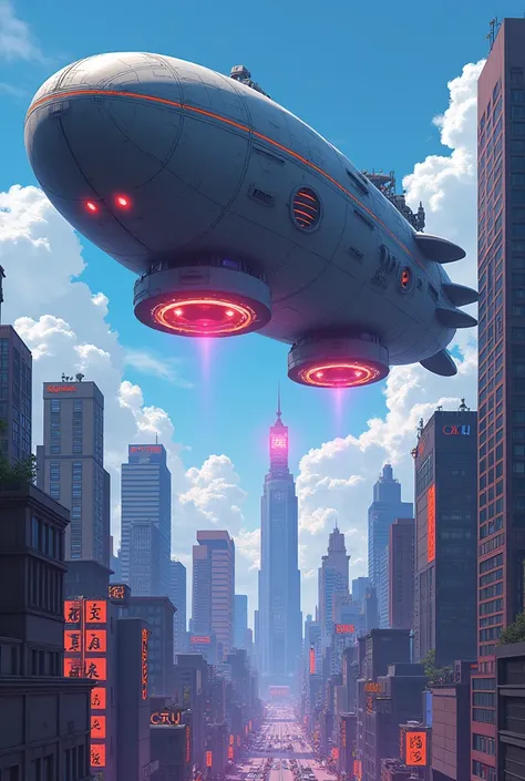 A cyber punk anime image of a basic airship without many details with large speakers underneath it playing music for the entire modern city drawn in a more basic way and seen from afar 