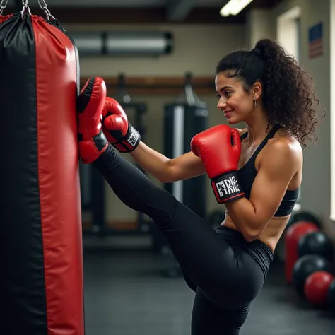 realistic photo of a (pretty girl, 20 years old, brunette, black eyes) kicking a punching bag at gym, (full lips) , ((perfect face)), [[mild smile]], proportionate body,mixed white-latina herritage, nubyan nose, beautyfull, beautyfull face, tanned skin, tw...