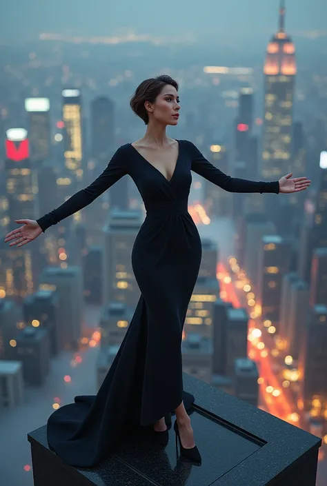 image of a woman with short brown hair, white skinned woman in formal dress and heels with open arms on top of a building with a brightly lit city behind her representing power, being all very realistic