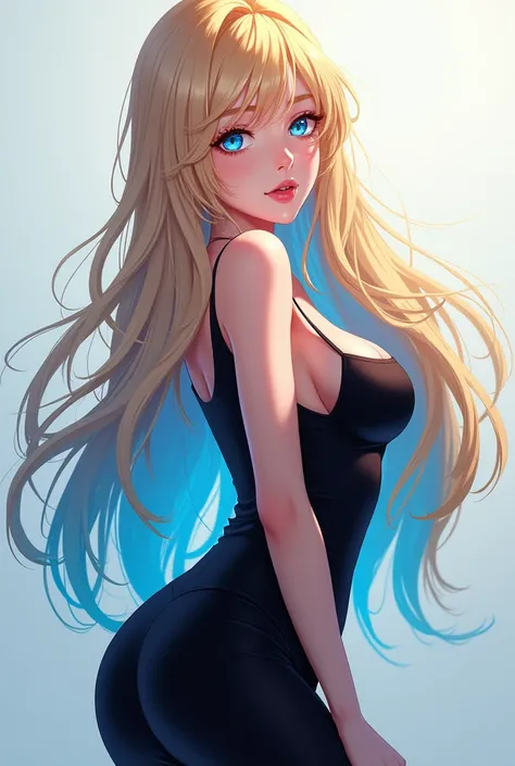 anime style, ((best quality)), ((masterpiece)), (detailed), 1girl, blonde hair, long hair, straight hair, blue hair tips, two-toned blue eyeshadow, smile, slightly leaning, black skin-tight dress with cleavage 