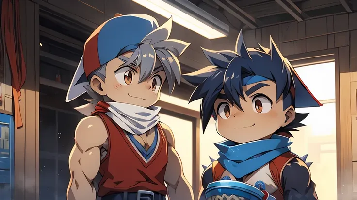 huge muscles,cramped clothes,young boy,child,((( boy)))blue hat,spiky hair,red vest,an innocent smile,huge erect penis,well-trai...