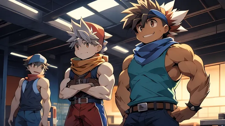 huge muscles,cramped clothes,young boy,child,((( boy)))blue hat,spiky hair,red vest,an innocent smile,huge erect penis,well-trai...