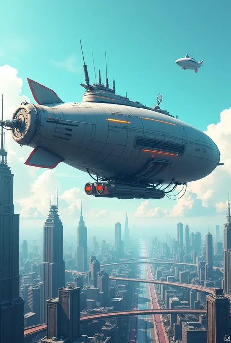 A realistic cyber punk anime image of a basic airship without many details with large speakers underneath it playing music for the entire modern city drawn in a more basic way and seen from afar 