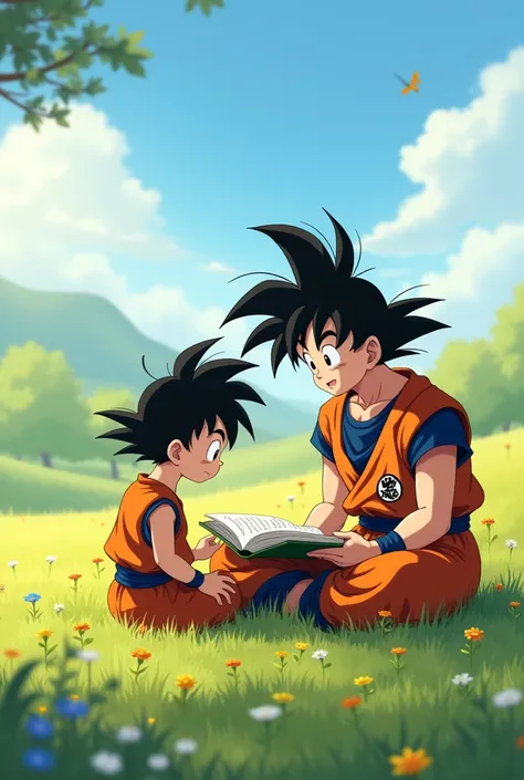 Little Gohan holding the book gives explanations to Goku in a field 