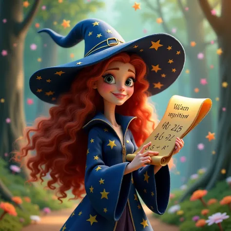 Create a witch, a wise and playful feminine character with a robe full of mathematical symbols. Shes standing in a vibrant forest, holding a floating scroll with fractions written on it. Shes wears a navy blue wizards robe with gold stars and mathematical ...