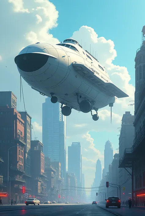 A realistic cyber punk anime image of a simple airship without many details with large speakers underneath it playing music for the entire modern city drawn in a more basic way and seen from afar 