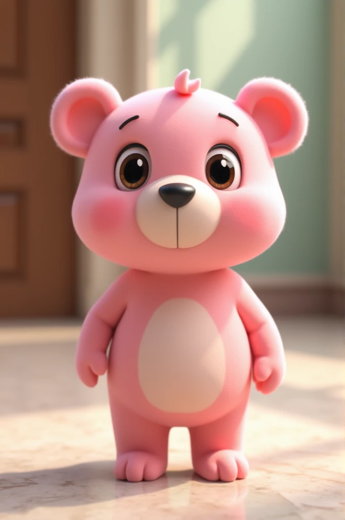 "A cute 3D animated character of a small, round pink bear, with a chubby body, small ears, and big black eyes, standing on a marble floor. The character is in a similar style to Disney/Pixar animations, with a soft and glossy texture.”
