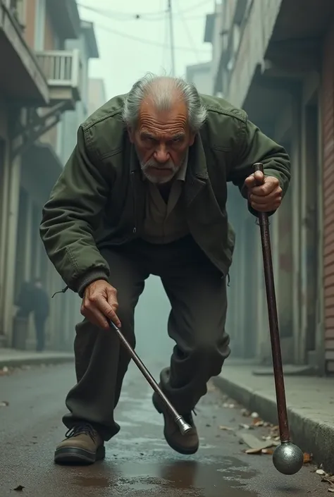 A blind man holding his cane and throwing it on the ground."