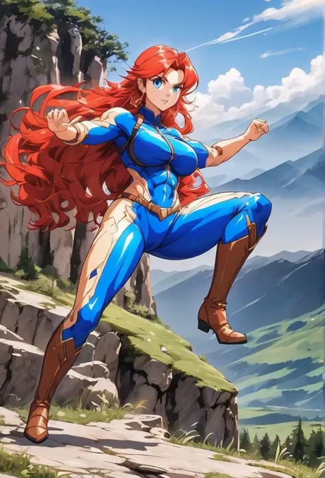 Professor Sylara Stormblade in an anime style, like a high, athletic Caucasian woman with long, bright red hair and bright blue eyes. She is in a dynamic karate kick pose.. Her outfit includes tight blue leather pants and leather boots.., that accentuate y...