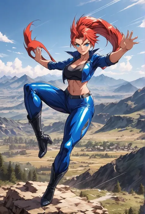 Professor Sylara Stormblade in an anime style, like a high, athletic Caucasian woman with long, bright red hair and bright blue eyes. She is in a dynamic karate kick pose.. Her outfit includes tight blue leather pants and leather boots.., that accentuate y...