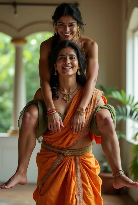 Smiling and beautiful, Sexy Iranian woman in silk salwar lifting and carrying a large indian man on her shoulders in a room, full body view, natural , clear image