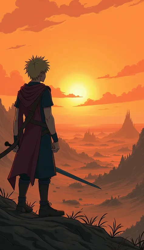 Jack is Finn&#39;s design , looking out over the devastated horizon of the Land of Ooo. He is holding his sword, with a serious and determined expression. Ao fundo, the sky remains in orange tones, and the desolate landscape stretches for miles, with remai...