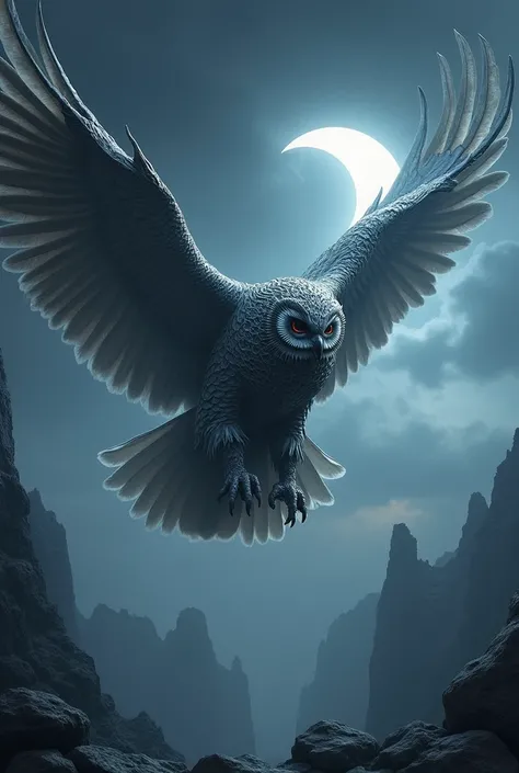 Silver armored owl with iron claws flying over the moon