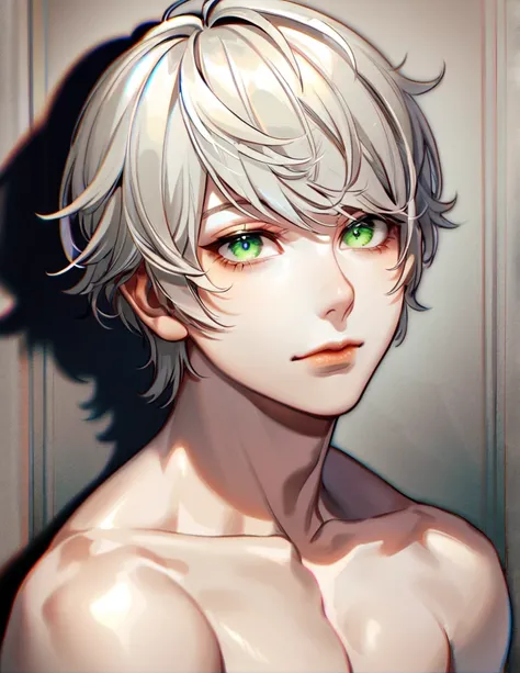 (absurd, highres, ultra detailed, HDR), masterpiece, best quality, perfect face, delicate features, bright green eyes, solo, male, handsome, Taishakuten, white short gelled hair, white short hair, chest, beautiful chest, young, short beard