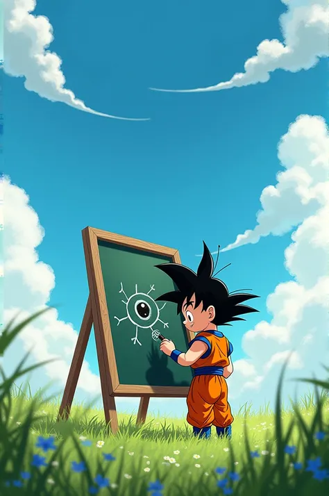 Gohan kid drawing on a blackboard. Draw an eye and a mind connected with a line in a field