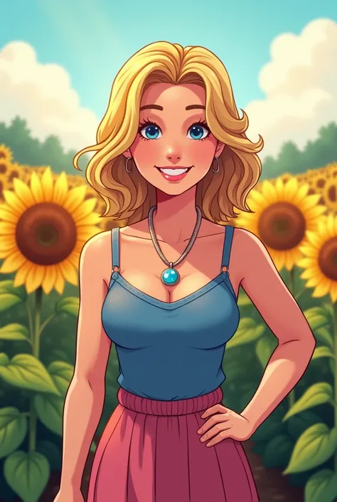 Haley de Stardew Valley, smiling at camera, Posing, whole body, in a field of sunflowers, with a camera in hand taking photos, blonde, mid back wavy hair,  Pink complexion, big blue eyes, a blue strappy blouse and a pink skirt above the knees, adulthood 30...