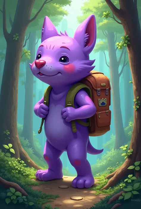  Lilac with a backpack, ready to go out into the woods. At the bottom, You see a green forest with some trees.
