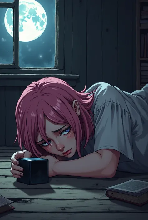 A pink-haired woman in a robe with books around her alone with no one around, 2, lying on the floor on her side with dark circles under her eyes, very sad and with an extremely tired face and with tears around her face looking at a shiny black cube in her ...