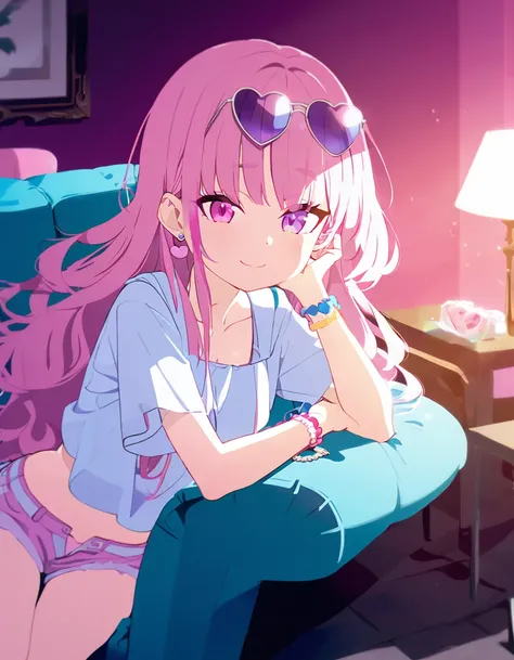 a girl with long pink hair and white streaks, loose hair, vibrant pink eyes and small breasts. She wears a pink and blue outfit, next to a blue heart earring, colorful bracelets and sunglasses with light purple lenses, Her outfit is cute and short, But pro...