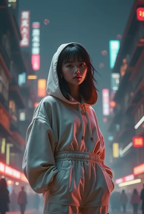 Masterpiece, 4K wallpaper, Masterpiece sci-fi ancient city, fantasy sci-fi, neon glow lights city, ( Subject : ( 1girl, A cute korean women with beautiful hair, wearing an youth stylist oversized hoodie fashion, yellow and black stylist fashion, jumper hoo...