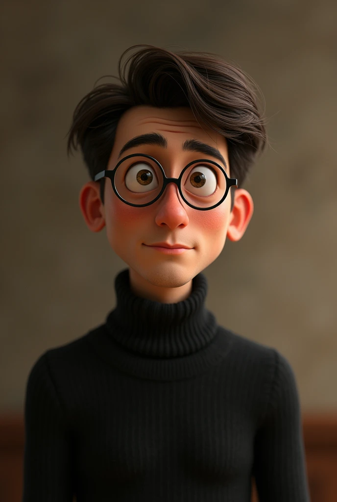 Alfredo Linguini in black turtlnecl with round glasses