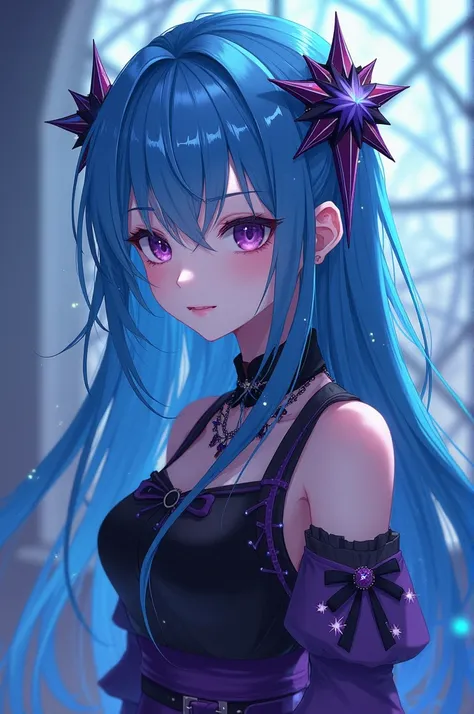 A girl , tall and slim ,  ,Blue hair with stars accesories in the hair.She is wearing a skirt color violet in a goth style , her shirt is color black and violet in a goth style . The style of the image is in anime.