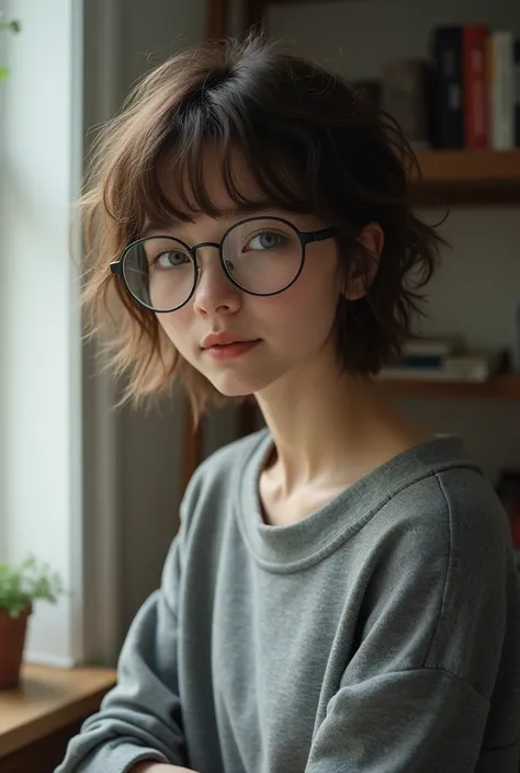 A girl, blue eyes, short hair, Brown hair, Cin sweatshirt glasses 