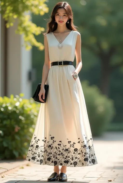 Image of - A short-sleeved dress, in cream color.
- Black flower prints on the bottom of the dress.
- Long to below the knees and loose after the hip - Elegant black low-heeled shoes.
- Black leather belt.
- Delicate silver necklace.
- Small and elegant ba...