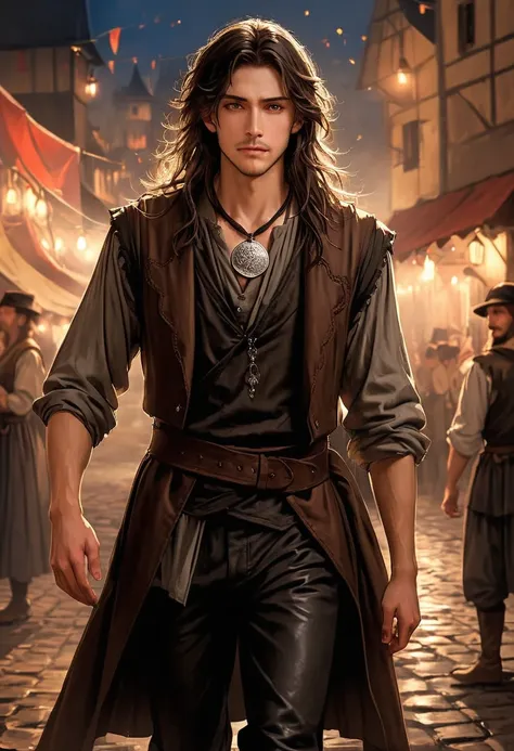 masterpiece, safe, best quality, expressive eyes, perfect face a young anime man with long hair of shoulder length dark brown co...