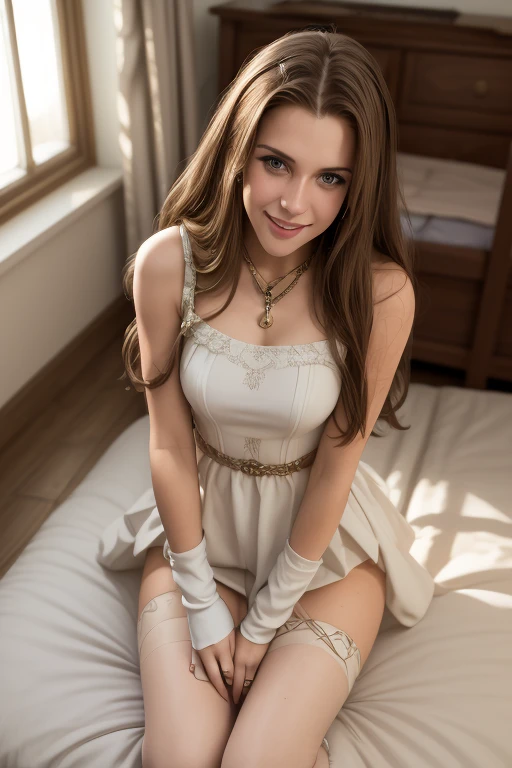 best quality, masterpiece, 1girl, solo, Ferry, long hair, FerryBase, thighhighs, bare shoulders, jewelry, sleeveless, white dress, blue skirt, gloves, bed room, bed, wooden floor, sitting, sitting on bed, from below, hands on legs, smile, soft lighting, fu...