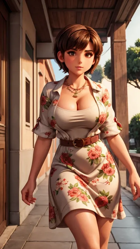 italian girl, short chocolate hair, casual floral dress with red cutout, belt and necklace. busty, big-ass, must be a beautiful woman, sensuous. comic style