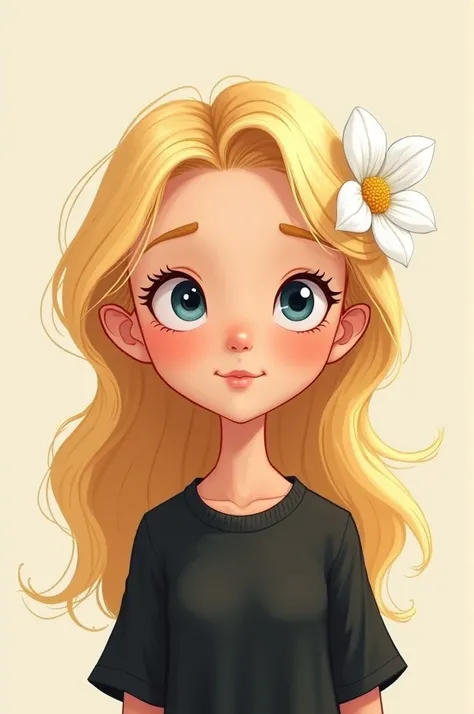 Blonde woman with a white flower in her hair wearing a black shirt, drawing like a disney pixar