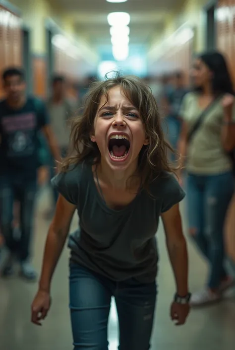 Young student screaming in school hallway